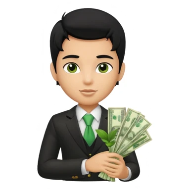 a pretty bratz boy with black hair, holding a bouquet made of money sticker