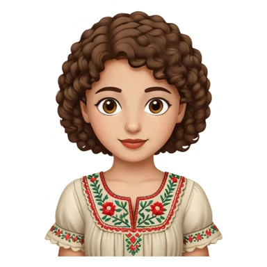 Palestinian girl emoji style, cheerful, short curly brown hair, traditional embroidered dress, subtle background sticker