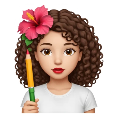 A brunette girl turned to the left side with curly hair with a hibiscus on her hair on her lips she has a brown pencil outline with gloss over it with a white t-shirt  sticker