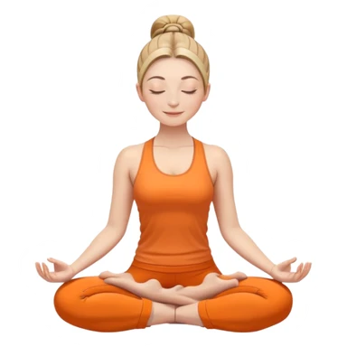 white woman with ponytail hairstyle in lotus position meditation yoga pose, closed eyes with a gentle smile, wearing orange yoga outfit sticker
