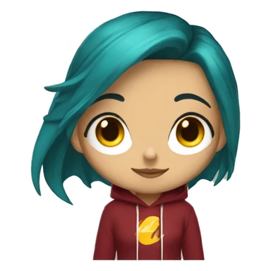 Lady with brunette and blue hair, gold, green dragon wings, maroon hoodie, black and gold Nike t shirt, and bright red eyes sticker