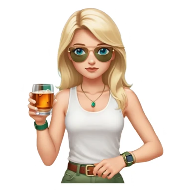 girl with long blond hair
with blue eyes
and aviator sunglasses
wearing white tank top 
holding a glass of whiskey 
wearing (rose gold apple watch with forest green band) sticker