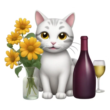 Cat with flowers and a wine bottle sticker