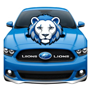Detroit Lions themed Ford car emoji, blue and silver colors, roaring lion emblem on the hood, sporty and bold style sticker