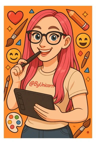 замени у этой генерации фон, подумай что можно сделать на тему эмодзи, рисования, девушку и цвета не меняй, только фон sticker