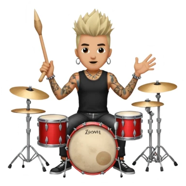 vintage rock drummer, aged, singing passionately, spiked hair, tattoos, drum set, spotlight, retro concert vibe sticker