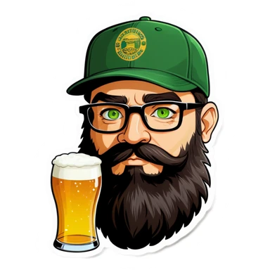 A man with a grey baseball cap, green eyes, big dark brown beard and glasses, drinking beer sticker
