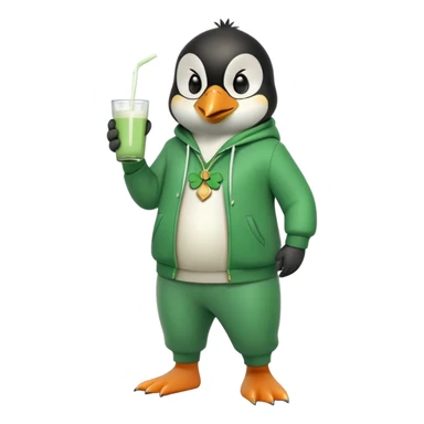 full body friendly anthropomorphised penguin wearing green mafia-style tracksuit, angry intense brooding posture, holding glass of milk, shamrock accessory sticker