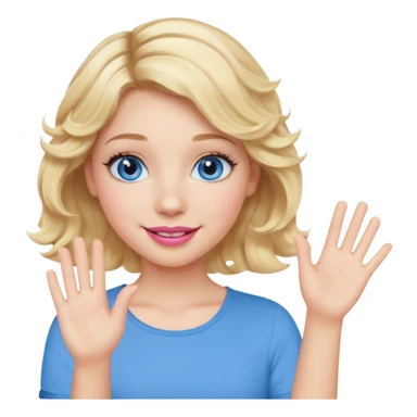 Girl Blonde short wavy hair,  blue eyes, cute blue top, long lashes, pink lips, waving hello  sticker