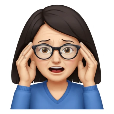 middle aged woman with dark hair and glasses covering her ears, wincing in pain because the sound is terribly loud and hurting her ears sticker