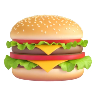 cheeseburger with sesame seed bun, lettuce, tomato, cheese, and patty sticker