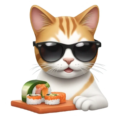 cat wearing sunglasses eating sushi sticker