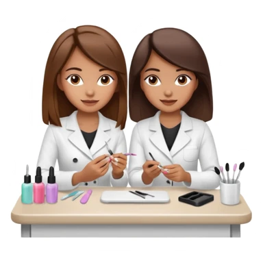 A realistic illustration of a girl with medium-length thick brown hair sitting at a manicure table. Another girl is carefully doing her nails, using professional manicure tools. Soft natural lighting, clean salon environment, detailed hands and nail work, warm and pleasant atmosphere. sticker
