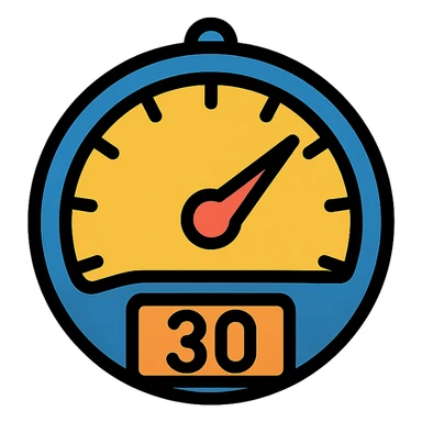 modern speedometer icon showing 30 MPH, clear dial, bold needle pointing at 30, visually readable, suitable for icon use, no text except the number 30 sticker