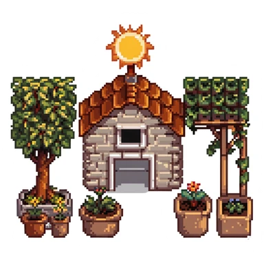 dream life as a pixel art scene with a small home, garden, and sun sticker