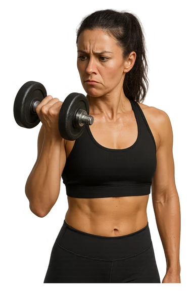 DONNA FITNESS CHE GUARDA DUBBIOSA UN MANUBRIO DA PALESTRA CHE HA IN MANO, iperrealistico 4k sticker