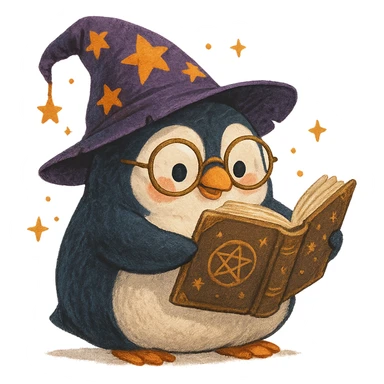 chubby penguin wizard with glasses, reading a spellbook, whimsical and playful style sticker