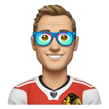 Jonathan Toews wearing glasses and rainbow clothes sticker