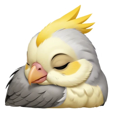 Meme-Worthy Cute Sleeping Cockatiel Portrait Emoji, Head resting peacefully with a contented smile, showcasing a delicate, slender build and a luxuriously soft grey fur with gentle yellow accents, eyes shut in a serene nap, Simplified yet hilariously adorable features, highly detailed, glowing with a soft, drowsy light, high shine, relaxed and utterly lovable, stylized with an air of playful laziness, bright and heartwarming, soft glowing outline, capturing the essence of a comically sleepy cockatiel, so meme-worthy it feels like it could instantly become the next viral sensation of adorable slumber! sticker
