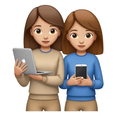 two brown haired girls, looking professional maybe leaned on each others back and looking forward and using phones, with longer hair and with some cute clothes without ties, one girl can hold lap top another one can hold the phone sticker