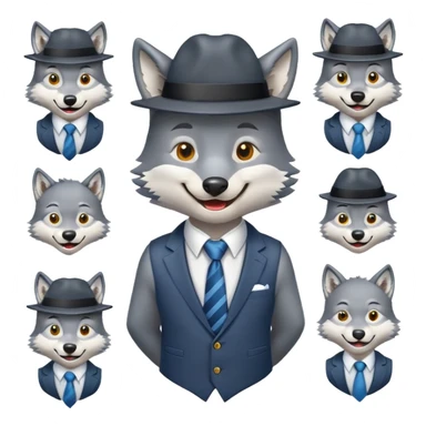 یه گرگ با کلاه و کراوات با حالت‌های مختلف برای ایموجی بساز  sticker