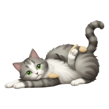 grey and white cat with green eyes doing a big extremely long stretch reaching up into the air with arms and legs side by side together straight and overextended whilst lying on its side sticker