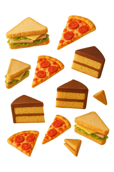pizzette, fette di torta e panini, fluttuano in aria in 3d, sfondo bianco sticker