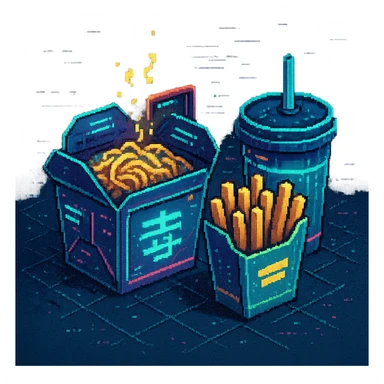 cyberpunk futuristic, 3d isometric, item image, video game item, inventory icon, the image depicts a small box of takeout, takeaway, chinese takeout food, delivery food. futuristic drive-through, fries, bag and drink. dystopian. pixelated retro video game graphics sticker