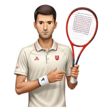Novak Djokovic, chest-deep, holding a racket sticker