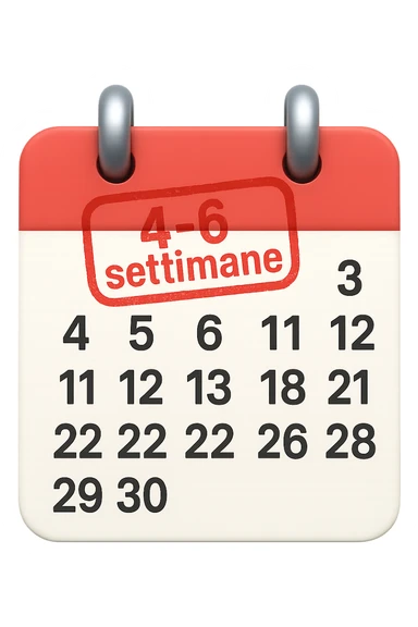 foglio di calendario con le date scritte, con timbro rosso con la scritta "4-6 settimane" sopra, stile emoji iphone, iperrealistico 4k sticker