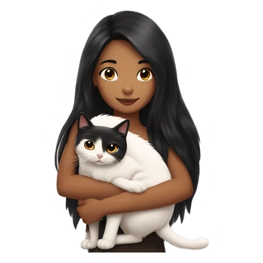 girl with very long black hair and caramel skin hugging a white cat sticker