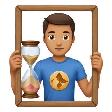 man holding sand time sticker