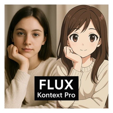 create before after image of a girl before is realsitic photo, after is anime version of her in same pose and clothes, add logo with text of a "FLUX Kontext Pro" sticker