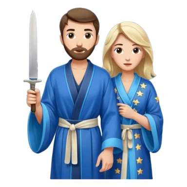 An upright Europe (a tall woman), wearing a blue, flowing robe with stars on the hem. In the background stands a man, with a knife sticker