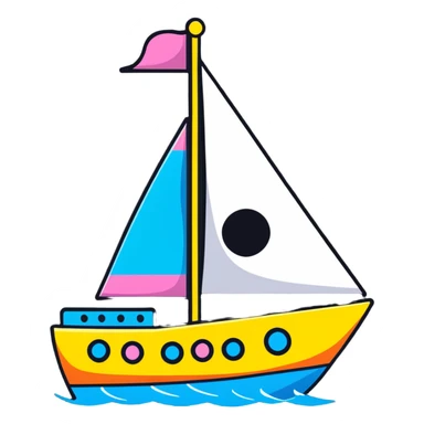 A cartoon toy sailboat with a beaming happy face, colorful sails and tiny portholes sticker