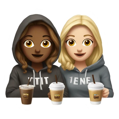 a blonde friend and a brown haired friend having a cold coffee dressed in hoodies sticker