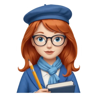 redheaded woman with very long wavy hair and bangs, blue eyes, clear cat-eye glasses, stylish French teacher outfit with scarf or beret, holding a pencil and a French textbook sticker