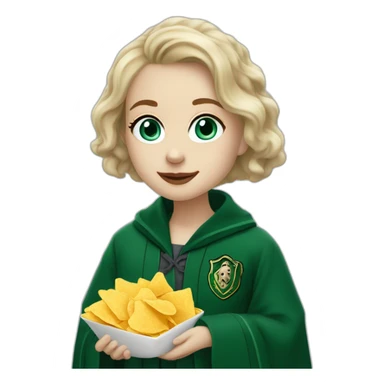 Blue eyes Slytherin girl with short wavy ash blonde hair eating chips and cheese hogwarts robe sticker