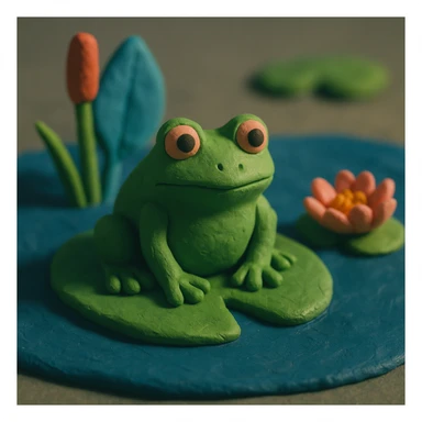a green frog sitting on a lily pad, claymation style sticker