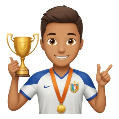 Happy light soccer player with a first-place medal and a trophy
 sticker