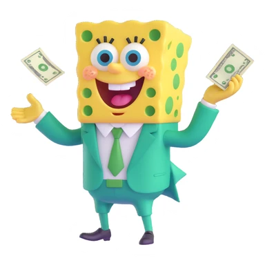 SpongeBob in a fancy green suit, fanning out cash, excited look sticker