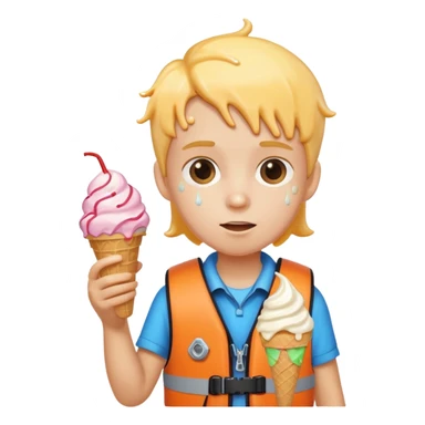 kid wearing lifejacket, holding ice cream sticker