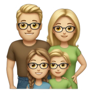 White family of 4, 1 mom with brown hair, 1 big boy with Brown hair, 2 girls with glasses and long blond hair sticker