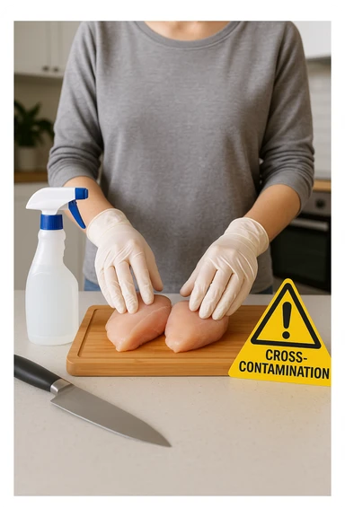 a person in a modern kitchen handles raw chicken breasts on a cutting board, wearing disposable gloves. Nearby, a bottle of disinfectant spray, a separate knife for vegetables, and a warning sign about cross-contamination are clearly visible. The mood is educational, emphasizing safe food handling. sticker