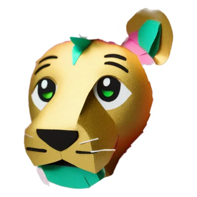 lion made of colourful cyan pink gold piñata paper strips with green eyes sticker