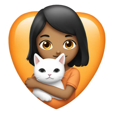 Make an emoji sticker of a girl with black hair and brown eyes hugging a cat that’s white and orange tabby sticker