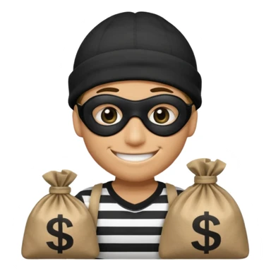 smiley robber wears black eye mask, black beanies and black and white stibes shirt with one brown money bag beside him sticker