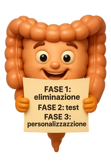 emoji stile iphone 3d di un intestino che tiene in mano un foglio con la scritta "FASE 1: eliminazione, FASE 2: test, FASE 3: personalizzazione, IPERREALISTICO 4K sticker