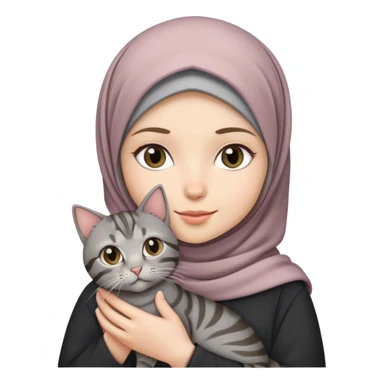 White girl wearing pretty hijab holding a black grey tabby cat while standing sticker