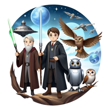 Icon for Fantasy and Sci-Fi Movies: Collage featuring Harry Potter with his wand, Dumbledore, Luke Skywalker with a lightsaber, and futuristic robots. Background with a magical planet, Hogwarts, flying owls, and spaceships. Epic and magical atmosphere. Transparent background. sticker